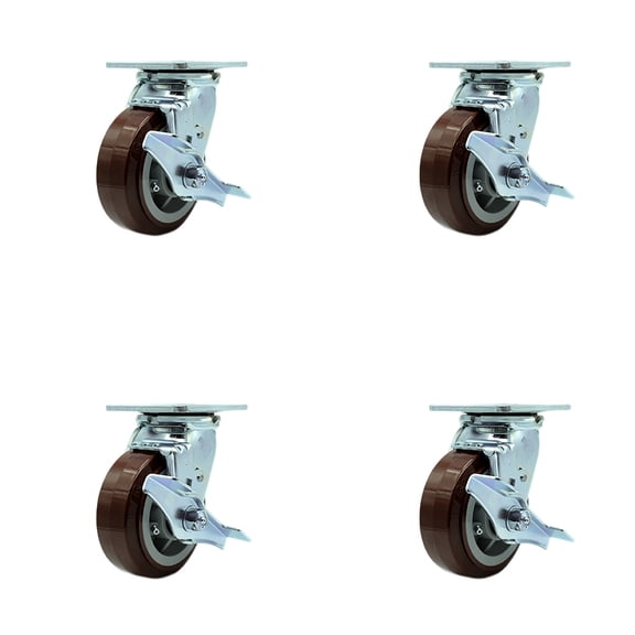 Tool Box Caster Wheel Set – 5 Inch Maroon Polyurethane Swivel Casters – SCC