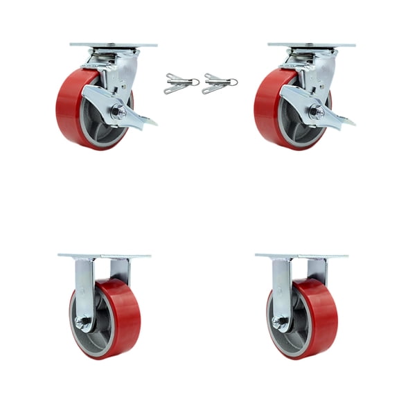 Tool Box Caster Wheel Set – 5 Inch Red Poly on Cast Iron Swivel Casters – SCC