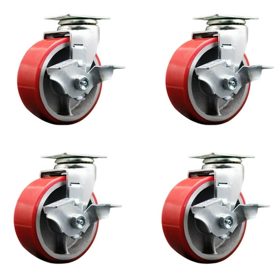 Tool Box Caster Wheel Set – 5 Inch Red Poly on Cast Iron Swivel Casters – SCC
