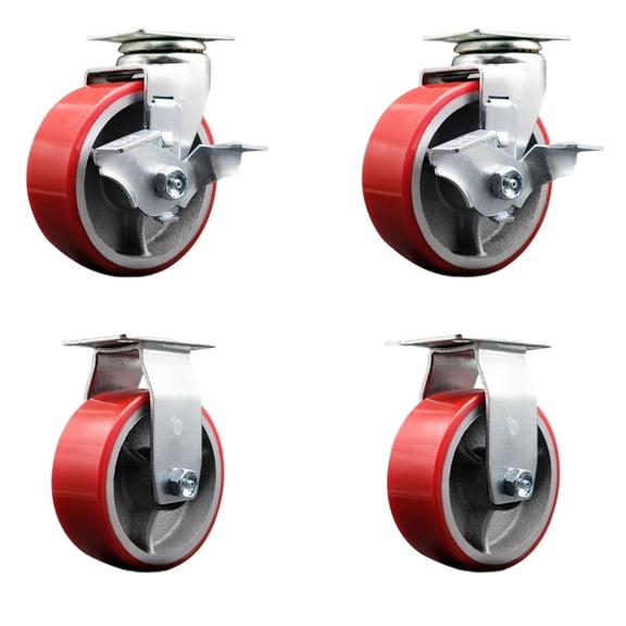 Tool Box Caster Wheel Set – 5 Inch Red Poly on Cast Iron Swivel Casters – SCC
