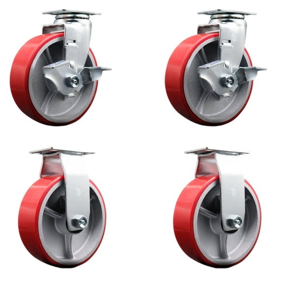 Tool Box Caster Wheel Set – 6 Inch Red Poly on Cast Iron Swivel Casters – SCC