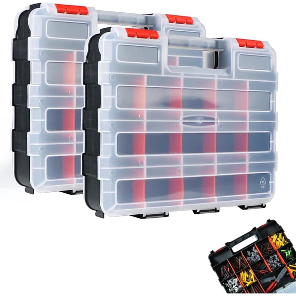 Tool Box, Double Side Box Organizer with 34 Compartments, Removable Dividers, Tackle Small Parts Screw Hardware for Screws, Nuts, Nails and Bolts (2 Piece, Red)
