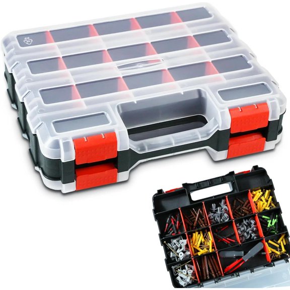 Tool Box, Double Side Tool Box Organizer with 34 Compartments, Removable Divider