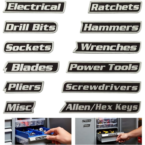 Tool Box Labels 12-Pack,    Labels for Organization of Steel Toolboxes, Carts, Drawers & Cabinets,Tool Organization Kit (Black)