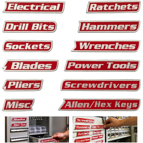 Tool Box Labels 12-Pack, Labels for Organization of Steel Toolboxes, Carts, Drawers & Cabinets,Tool Organization Kit(Red)