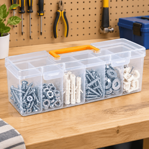 Tool Box Organizer, Clear Plastic Small Tool Box With 6 Removable Bins, Portable Hardware Storage Case for Garage Repairs, Screw Sorting, Craft Supplies With Yellow Carry Handle