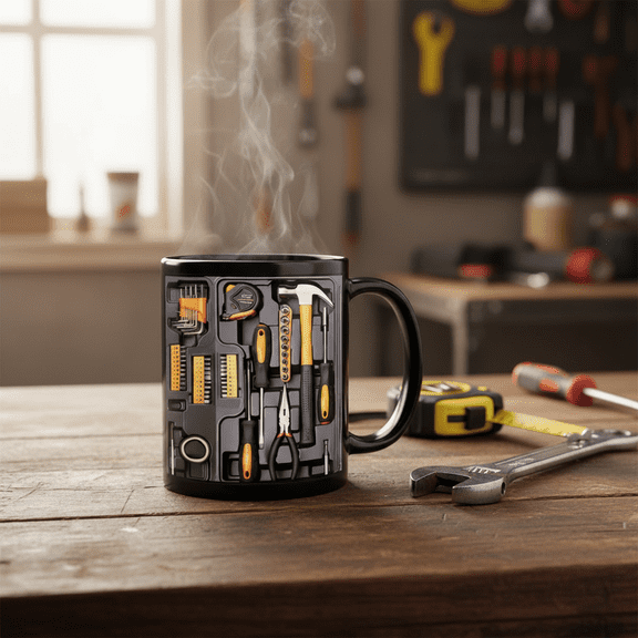 Tool Box Print Coffee Mug Heavy-Duty Ceramic Tea Cup 3.7 Inch Height with Tool Kit Graphic Dishwasher and Microwave Safe Novelty Gift and Sleek Office Decor