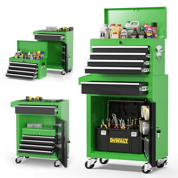 Tool Box, Seizeen Rolling Tool Chest, Stainless Steel Tool Box with Brake Wheels and 4 Drawers, Detachable Tool Cart, Green