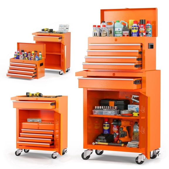 Tool Box, Seizeen Rolling Tool Chest, Stainless Steel Tool Box with Brake Wheels and 4 Drawers, Detachable Tool Cart, Orange