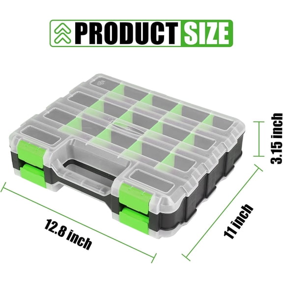Tool Box with Transparent Lid, Double Side 34-Compartments Organizer Box with Removable Dividers for Hardware, Screws, Bolts, Nails, Beads, Jewelry and Fishing Accessories, Green, 4 Packs