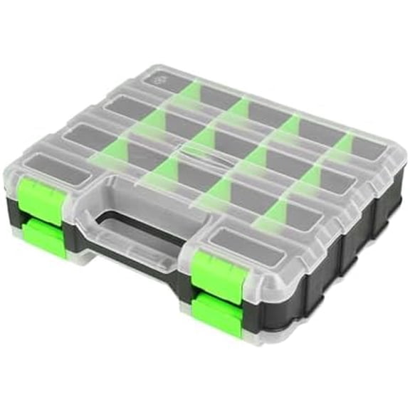 Tool Box with Transparent Lid, Double Side 34-Compartments Organizer Box with Removable Dividers for Hardware, Screws, Bolts, Nails, Beads, Jewelry and Fishing Accessories, Green, 1 Pack