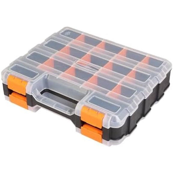 Tool Box with Transparent Lid, Double Side 34-Compartments Organizer Box with Removable Dividers for Hardware, Screws, Bolts, Nails, Beads, Jewelry and Fishing Accessories, Orange, 1 Pack