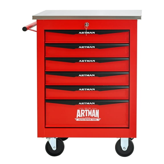 Tool Cabinets 6 Drawers Multifunctional Tool Cart with Wheels,Metal Rolling Tool Cart Storage for Garage Workshop Warehouse Repair Shop--With Stainless Steel Roof- Red&Black,Garage Tool Cabinets