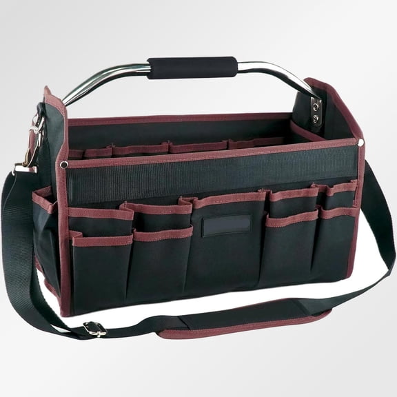 Tool Carrier, Open Top Tool Tote with Pockets, Waterproof Tool Bag, Foldable Wide Mouth Electricians Tool Bag with Stainless Steel Handle and Removable Shoulder Strap