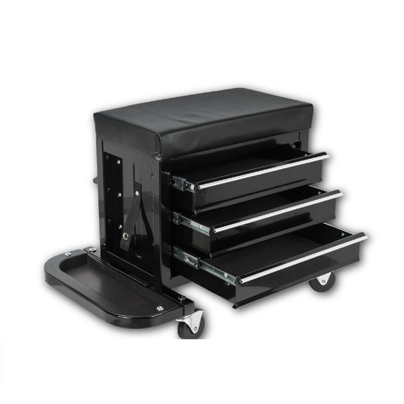 Tool Cart, 3-Drawer Tool Chest Rolling Mechanic Seat with Tool Trays,350lbs Max Weight Capacity,Black, Black Tool Storage Cart,Steel Mechanics Tool Cart, Tool Organizers Tool Carts