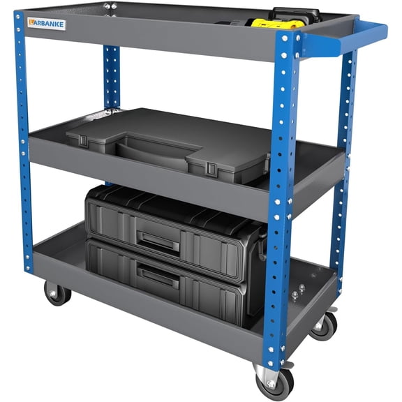 Tool Cart,3 Height-Adjustable Tiers Rolling Tool Cart,500LBS Load Capacity,3 Shelves Steel Utility Cart for Garage,Tool Cart with 4 Universal Wheels,Blue