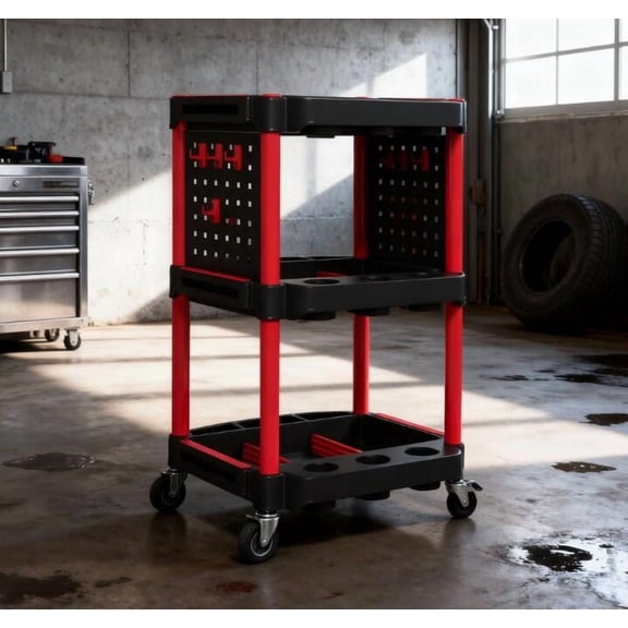 Tool Cart, Capacity Plastic Utility Cart,3-Tier Rolling Tool Cart with Side Shelves for Garage, Workshop, Black,Black+Red Tool Storage Cart,Plastic Mechanics Tool Cart, Tool Organizers Tool Carts