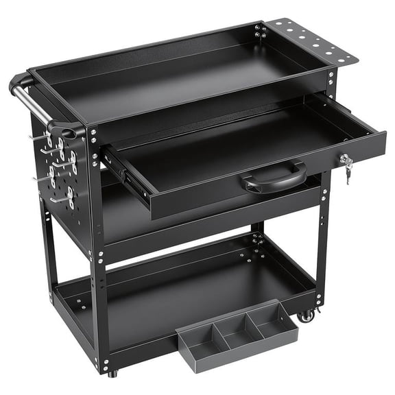 Tool Cart with Drawer 3 Tier, Rolling Storage Trolley, 150kg Load, 10 Metal Hooks, Electrostatic Paint Finish, for Warehouse Repair, 31 x 14 x 31 Inch