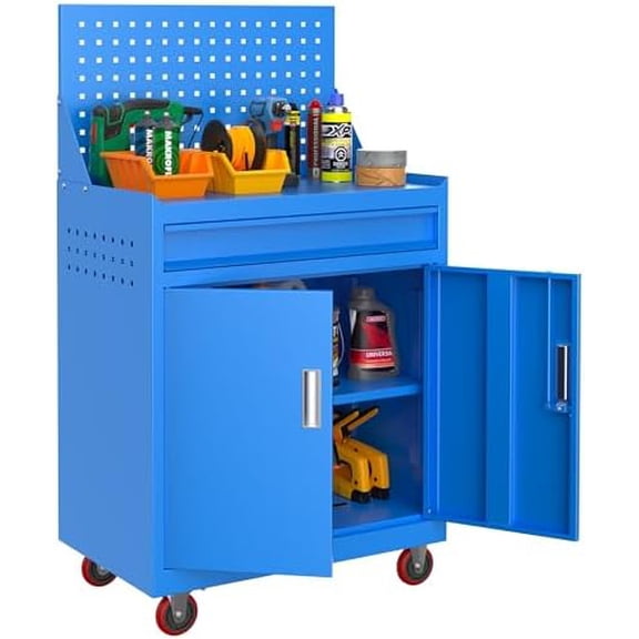 Tool Cart with Lockable Cabinet & Drawer, Rolling Workshop Tool Organizer with Standing Pegboard, Adjustable Tier Shelves & No Assembly Required for Garage, Auto Repair, Warehouse, (Blue)$$Tools