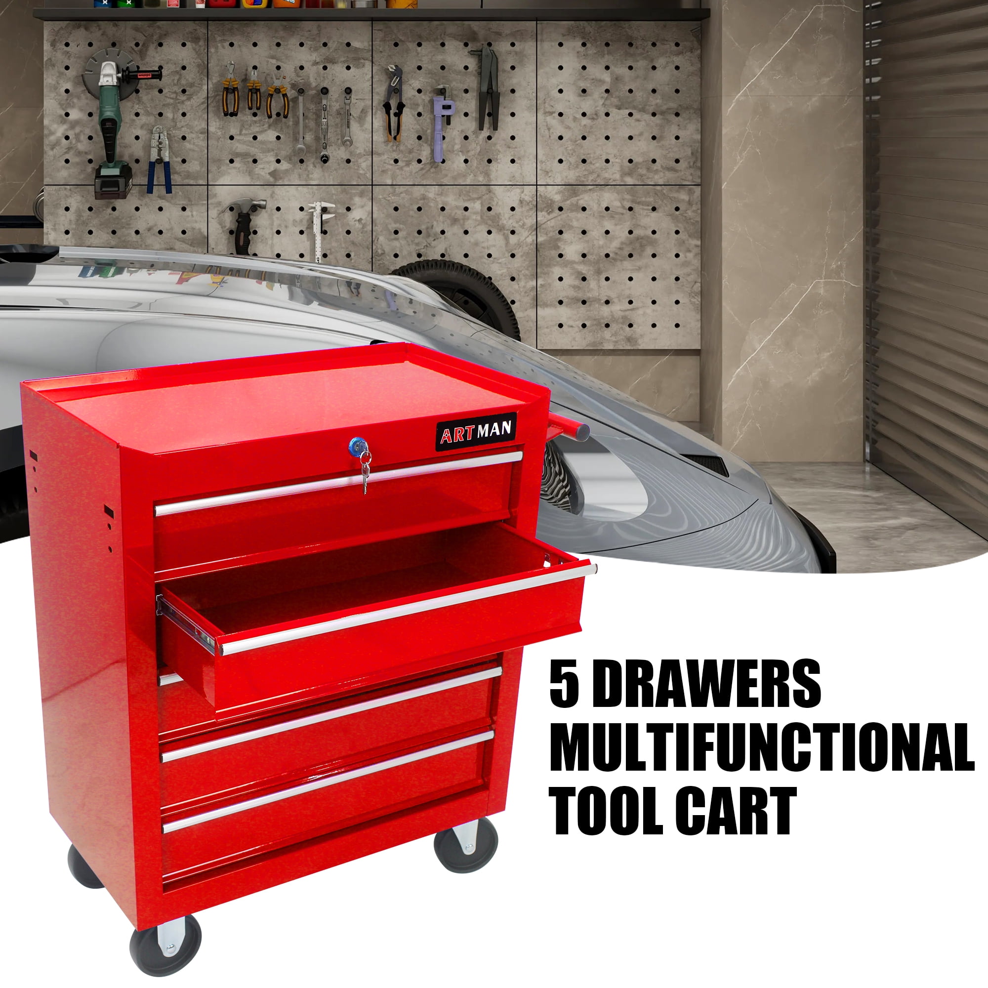 Tool Cart on Wheels, 5 Drawers Rolling Tool Chest, Metal Tool Box