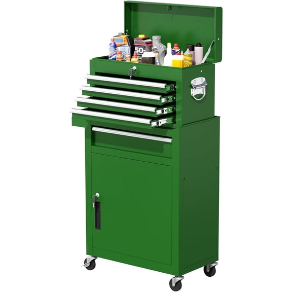 Tool Chest, 5-Drawer Rolling Tool Chest with Hooks and Lockable Wheels, Detachable Top Tool Box, Toolbox with Wheels, Rolling Tool Box for Mechanics Garage Workshop and Tool Room (Green)
