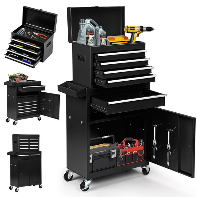 Artbros 5-Drawer Rolling Tool Chest with Detachable Box, Lockable Wheels & 4 Hooks, Black