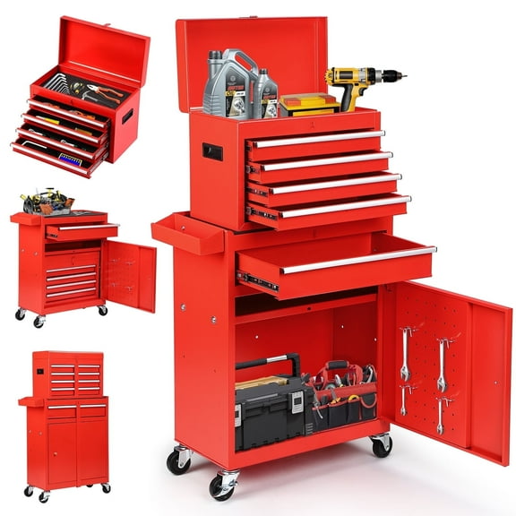 Artbros 5-Drawer Rolling Tool Chest with Detachable Box, Lockable Wheels & 4 Hooks, Red