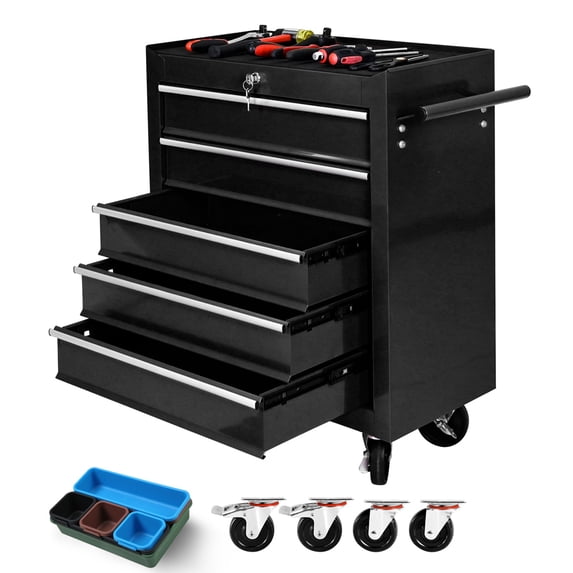 Tool Chest,5 Drawers Multifunctional Tool Cart with Wheels,Metal Rolling Tool Cart Storage for Garage Workshop Warehouse Repair Shop,Black