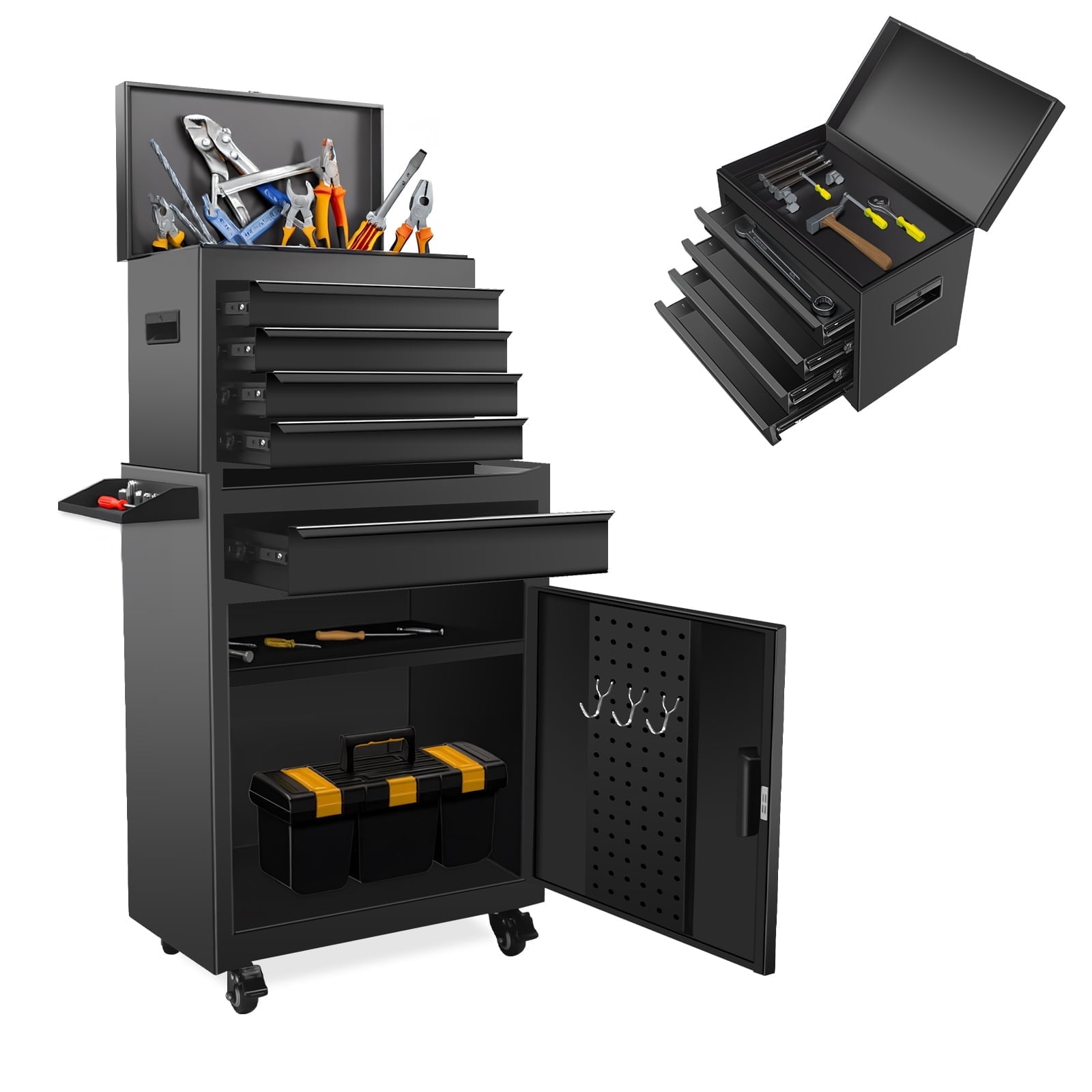 Tool Chest, 5 Drawers Rolling Tool Cabinet with Detachable Top Toolbox, Universal Lockable Wheels, Lock Bar, Protective Liner & Tool Rack, Metal Tool Storage Cart, Tool Box for Garage Workshop
