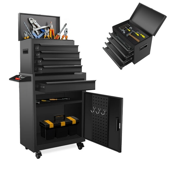 Tool Chest, 5 Drawers Rolling Tool Cabinet with Detachable Top Toolbox, Universal Lockable Wheels, Lock Bar, Protective Liner & Tool Rack, Metal Tool Storage Cart, Tool Box for Garage Workshop