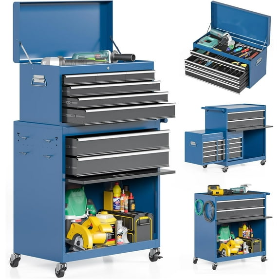 Tool Chest, 8-Drawer Rolling Tool Storage Cabinet with Detachable Top Tool Box, Enhanced Packaging, Metal Tool Cart with Hooks and Liners, for Garage, Workshop, Blue