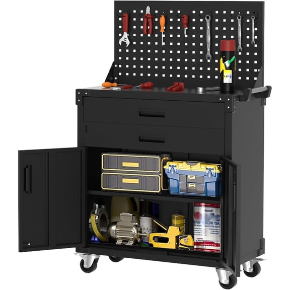 Tool Chest Cabinet Mobile Garage Workbench - 35" High with 2 Drawers, Adjustable Shelf, Pegboard, and Durable 0.6MM Coated Steel., Heavy Duty Metal Rolling Design