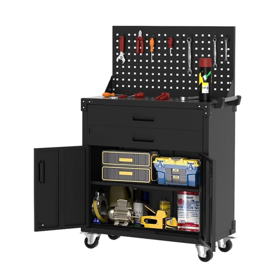 Tool Chest Cabinet Mobile Garage Workbench - 35" High with 2 Drawers, Pegboard, Heavy Duty Metal Rolling Design, Adjustable Shelf, and Durable 0.6MM Coated Steel.
