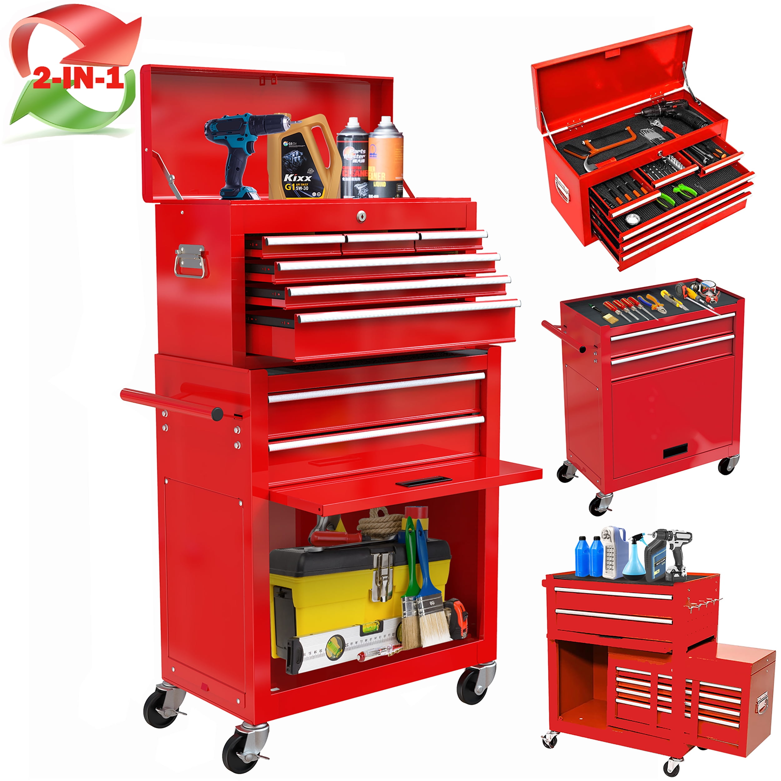 2-IN-1 Rolling Tool Chest, Stainless Steel Tool Organizer Box