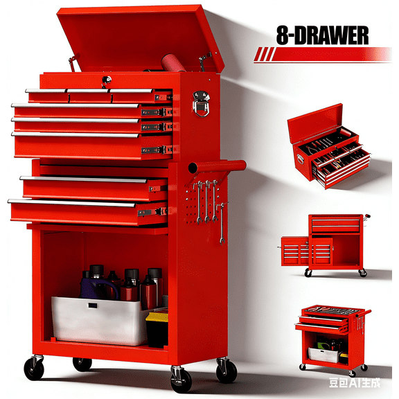 Seizeen Tool Chest, 2-IN-1 Rolling Tool Chest & Cabinet Double Door, Lockable Tool Box Organizer On Wheels with 8 Sliding Drawers, Hidden Double Tool Box, Red