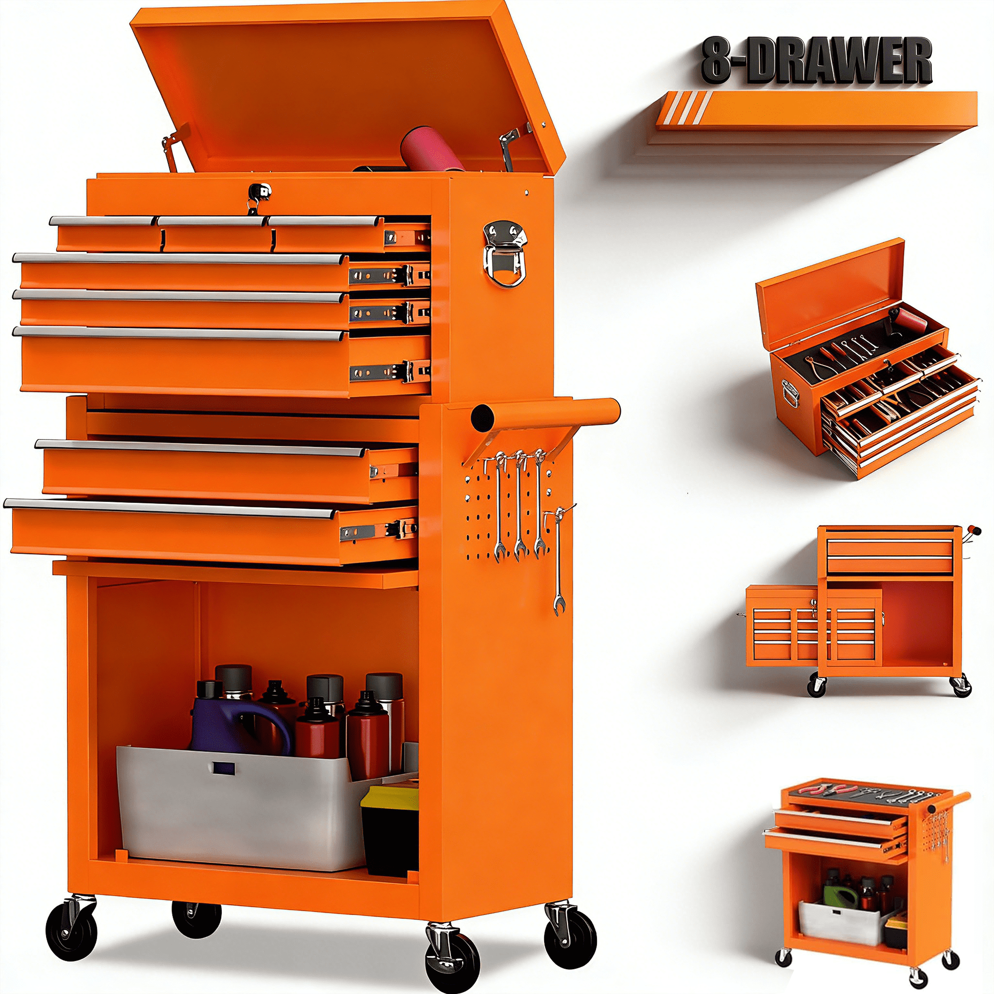 8-Drawer Tool Box on wheels, 2-IN-1 Rolling Tool Chest & Cabinet Large Capacity with , Lockable Tool Organizer for Garage Workshop Warehouse, Hidden Double Tool Box