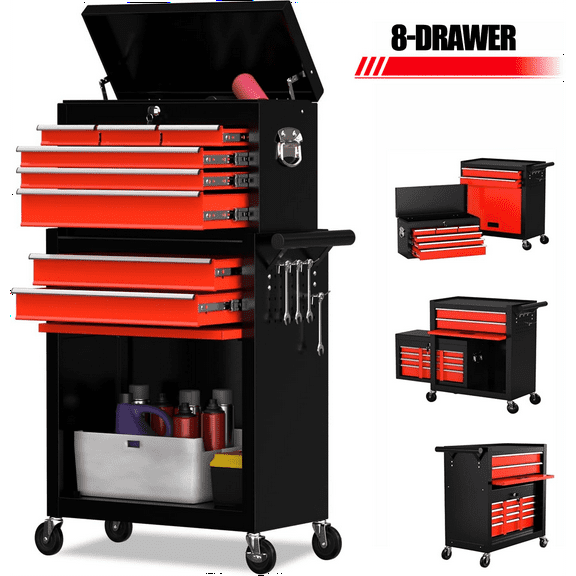 8-Drawer Tool Box on wheels, 2-IN-1 Rolling Tool Chest & Cabinet Large Capacity with , Lockable Tool Organizer for Garage Workshop Warehouse, Hidden Double Tool Box