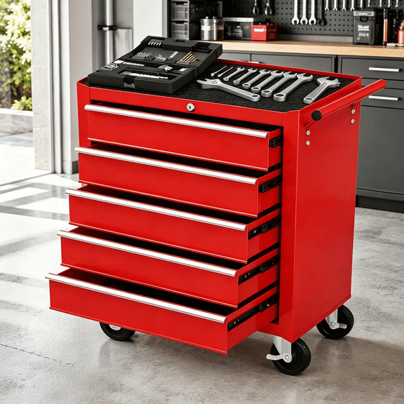 Tool Chest, Rolling Tool Chest with Wheels, 5 Drawer Steel Tool Storage Cabinet with Locking System, Drawer Liners, Portable Tool Box Organizer for Garage Workshop Repair Shop, Red