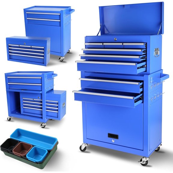 Tool Chest With Wheels,8-Drawer Rolling Tool Box,Large Locking Tool Cabinets,Detachable Tool Chest Cabinet Combo with Tool Organizer Tray Divider,Detachable Mechanic Tool Cart for Garage Tool,Blue