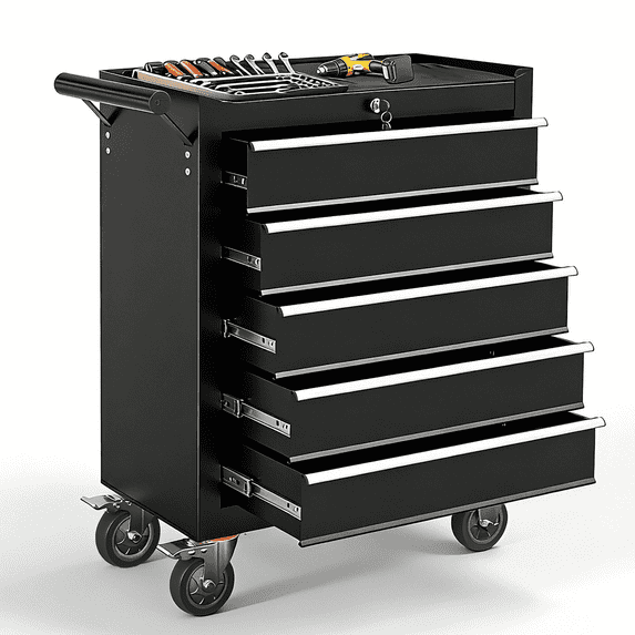 Tool Chest on Wheels, 5-Drawer Rolling Tool Box with Workbench Top, Multifunctional Tool Storage Organizer for Garage, Warehouse, Workshop