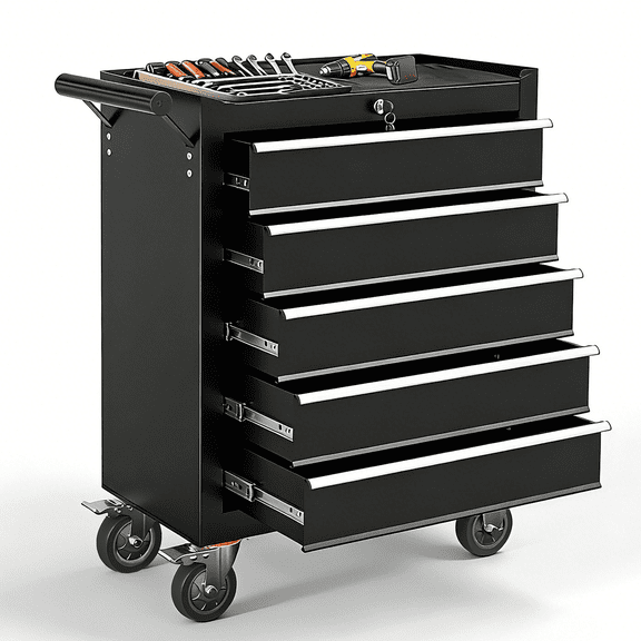 Tool Chest on Wheels, 5-Drawer Rolling Tool Box with Workbench Top, Multifunctional Tool Storage Organizer for Garage, Warehouse, Workshop