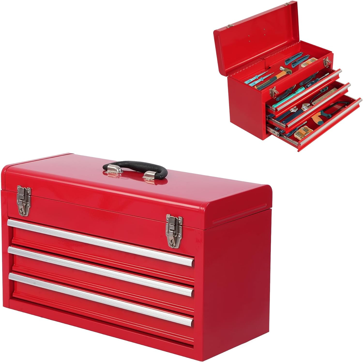 Tool Chest with Metal Latch Closure & 3 Drawers Portable Steel Tool Box for Garage, Home and