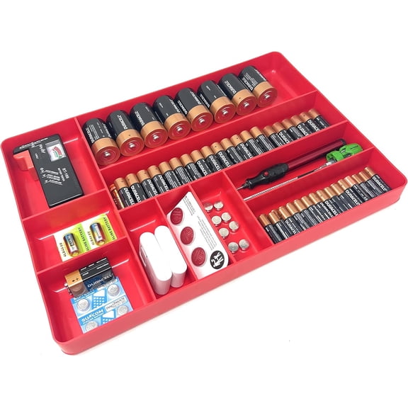 Tool Drawer Organizer Tray - 10-Compartment Home & Garage Tool Tray - Stackable Workbench Toolbox Organization Holder for Small Parts, Batteries, Supplies - Made in The - OT10R Red