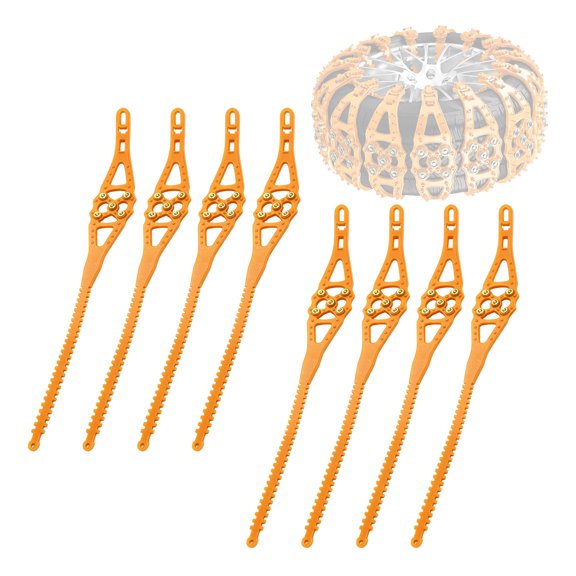 Tool-Free Tire Snow Chains with Adjustable Toothed Closures for Temporary Use on Snow, Ice, Wet, and Muddy Surfaces