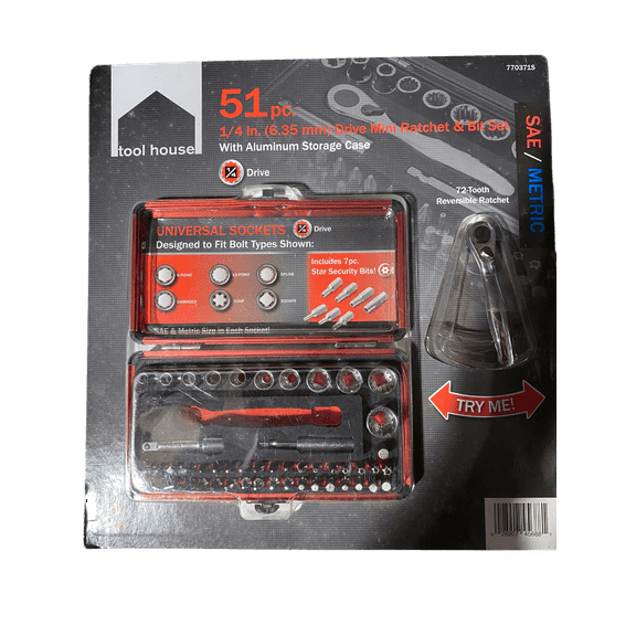 Tool House 1/4" Drive Mini Rachet & Bit Set SAE/Metric 51-Piece with Aluminum Case