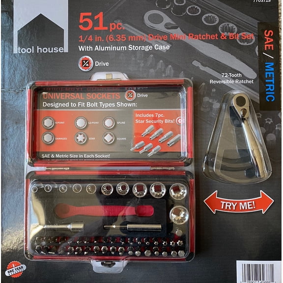 Tool House 51 Pc. 1/4" Drive Mini Ratchet & Bit Set w/ Aluminum Storage Case