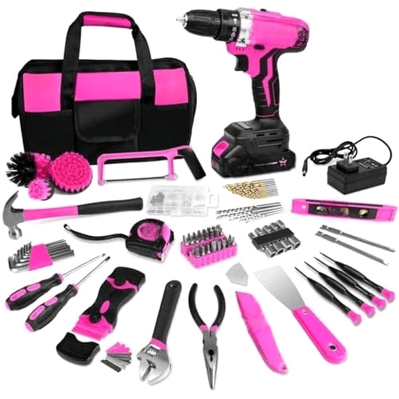 Tool Kit with 20V Cordless Drill(265in-lbs), Pink Drill Set for Women, Lady's Home Tool Kit for DIY, Daily Repair Tool Set as a Creative Gift with a Large-Capacity Tool Storage Bag