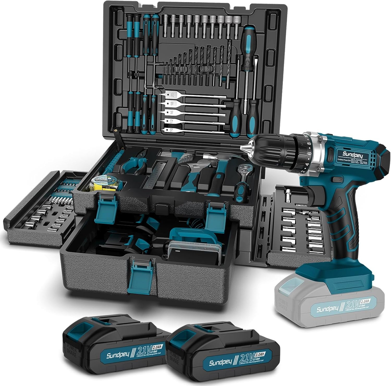 Tool Kit with 21V Cordless Drill -  255-PCs Portable Complete General Basic Home and Auto Repair Tool Set with Drawer for Handyman & Diyer & Homeowner - Power Drill with 2 x 2.0Ah Batteries
