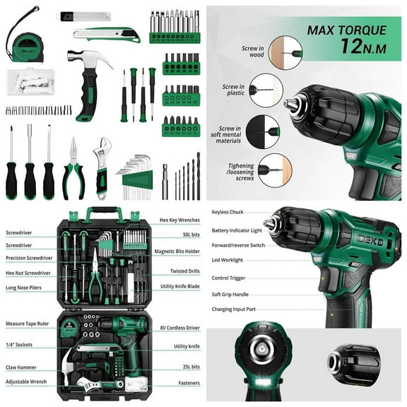Tool Kit: 8V Cordless Drill, Home Toolbox with storage case, Hand Tool set for Home Repairs 126 Piece, Green