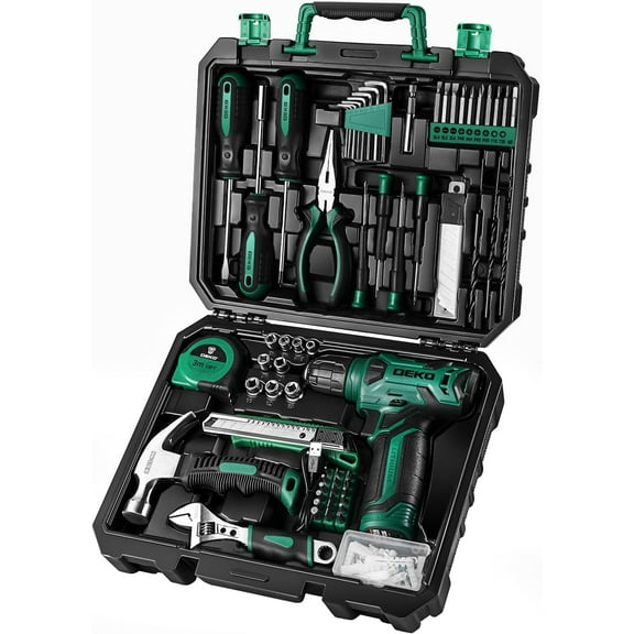 Tool Kit: 8V Cordless Drill, Home Toolbox with storage case, Hand set for Repairs 126 Piece, Green